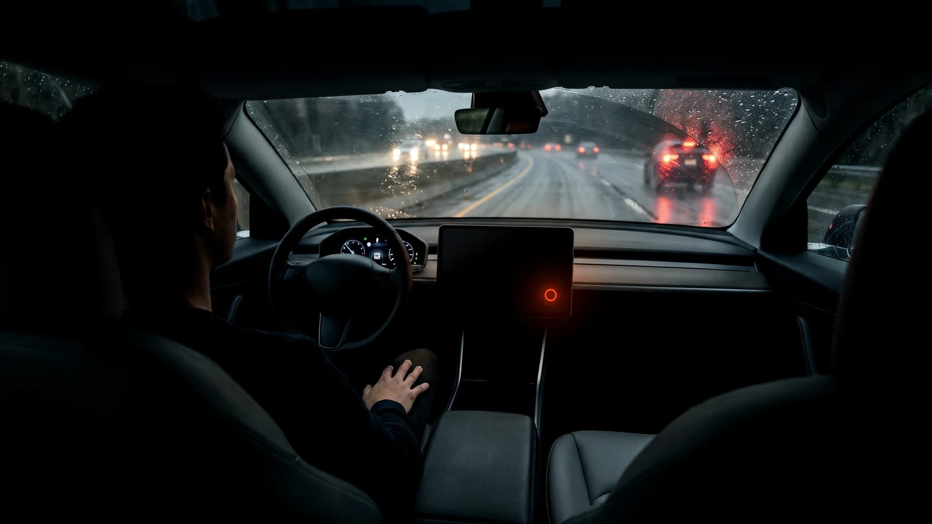 Interior de un coche que se conduce solo de noche bajo la lluvia; el conductor, con las manos fuera del volante, mira la ruta y en la pantalla central brilla un círculo naranja